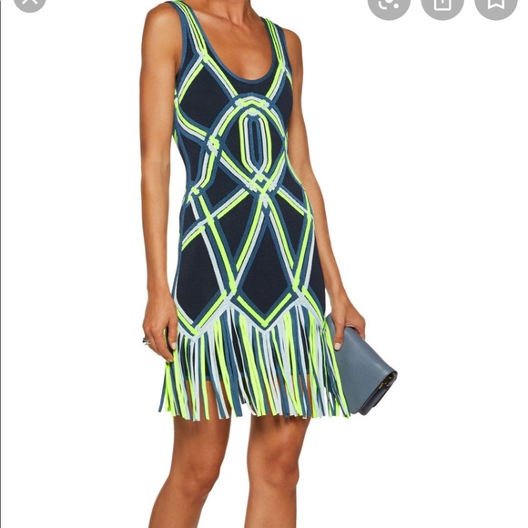 NWOT Herve Leger Neon Charoletta Fringe Trim Dress